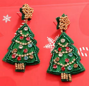 Felt Christmas tree rhinestone beaded earrings