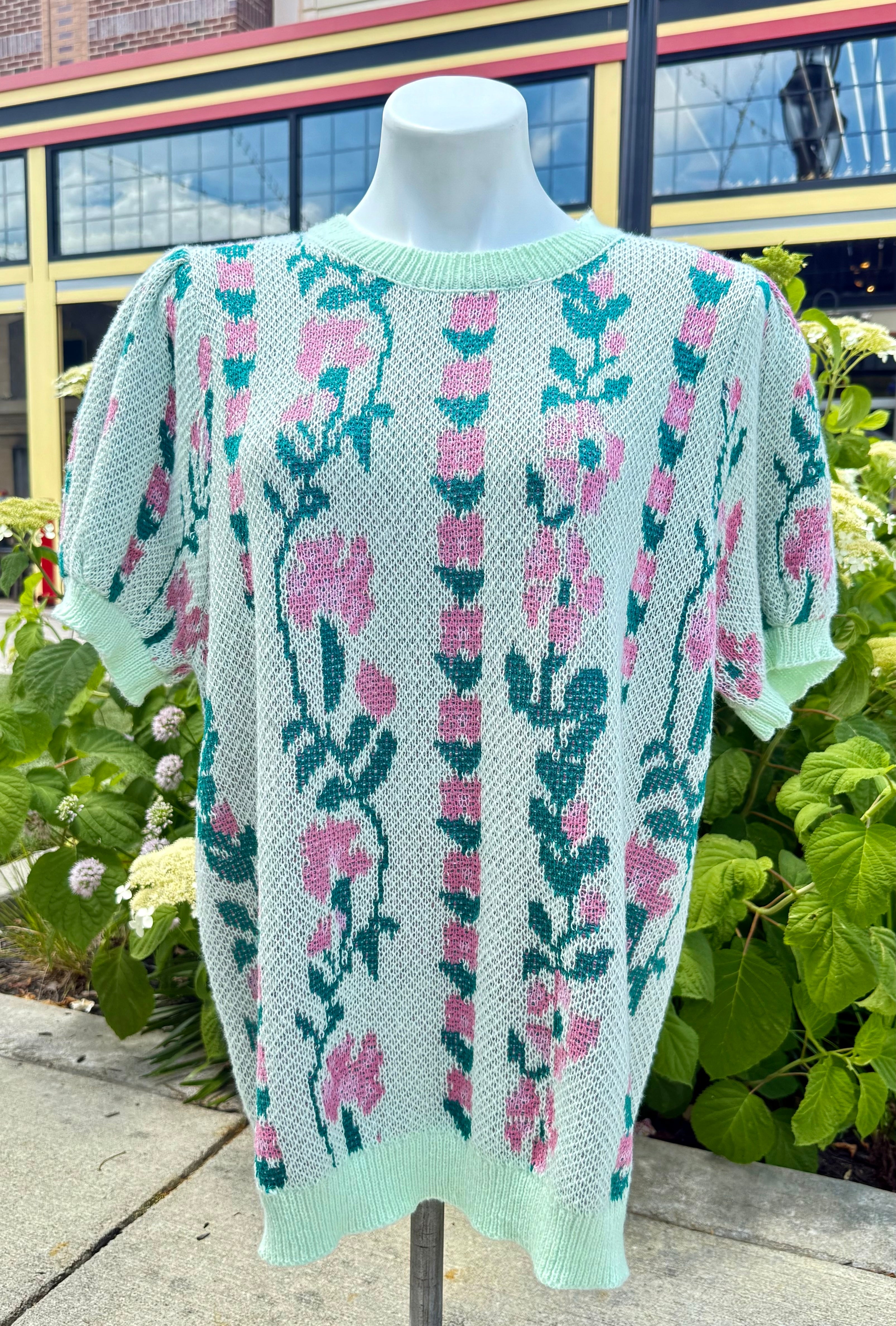 Floral mint green puff sleeve short sleeve sweater Regular & Plus Size