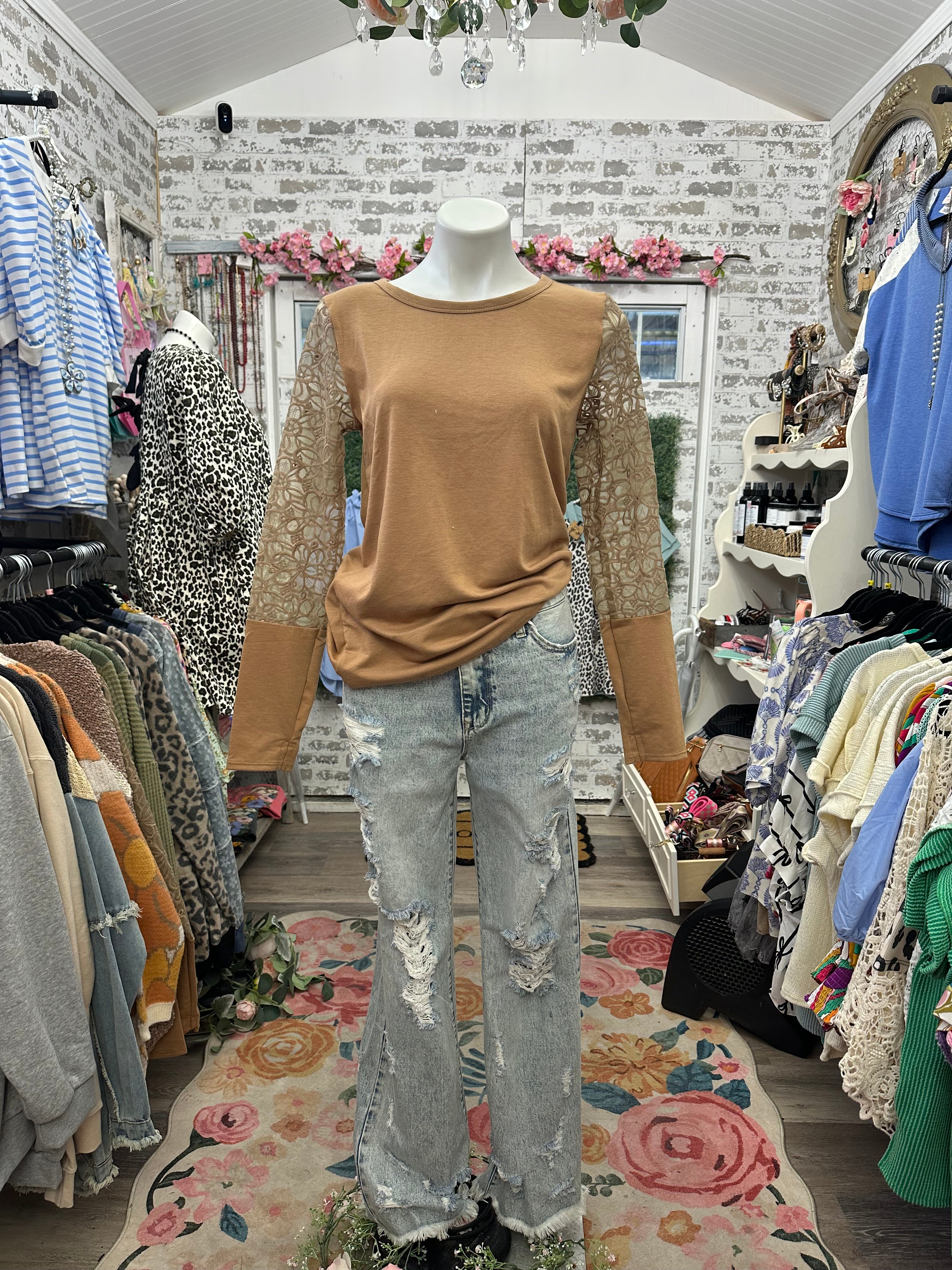 Bibi camel tan layering top with detailed floral sleeves