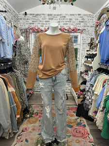 Bibi camel tan layering top with detailed floral sleeves