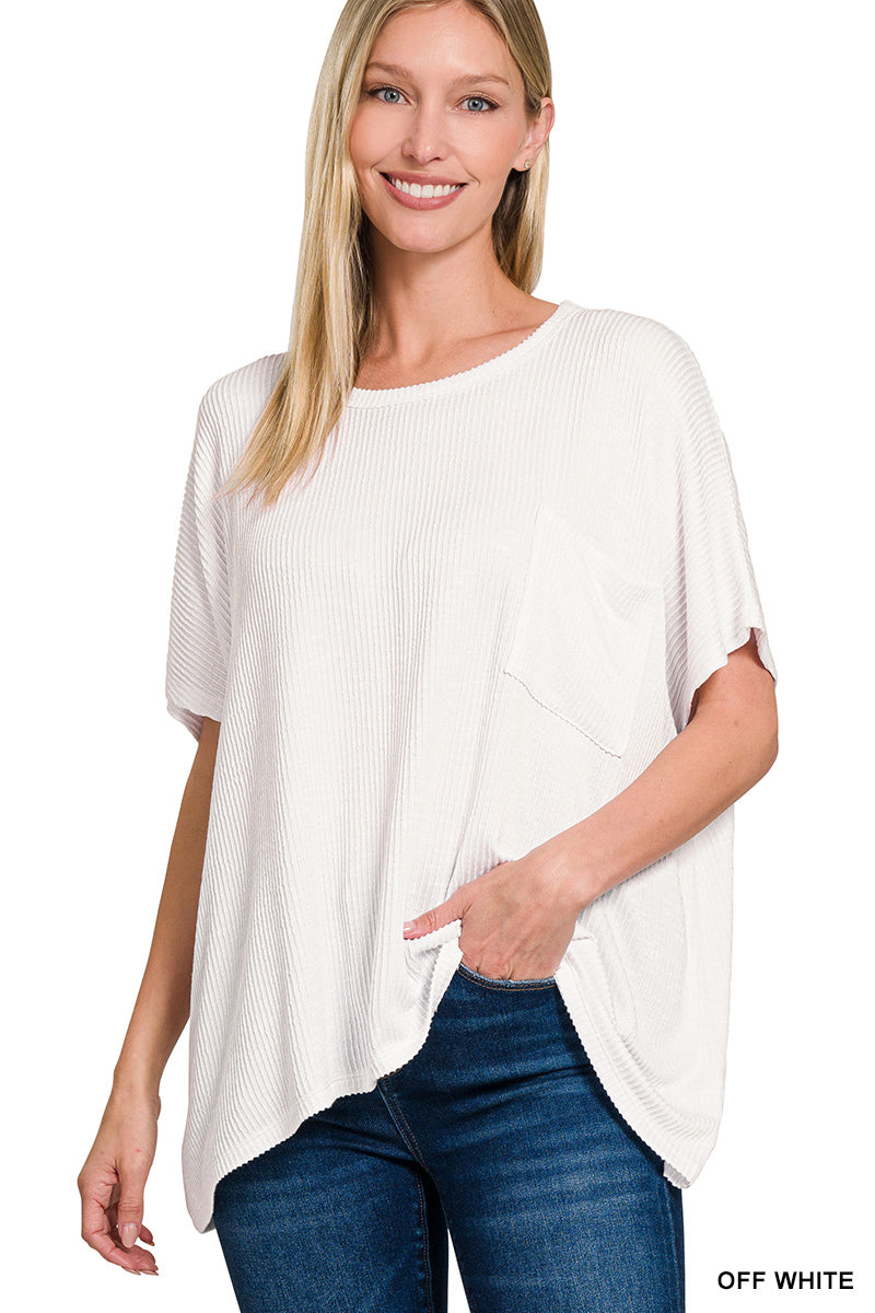 Zenana corded ribbed oversized short sleeve pocket top