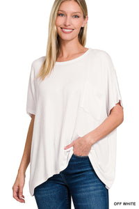 Zenana corded ribbed oversized short sleeve pocket top