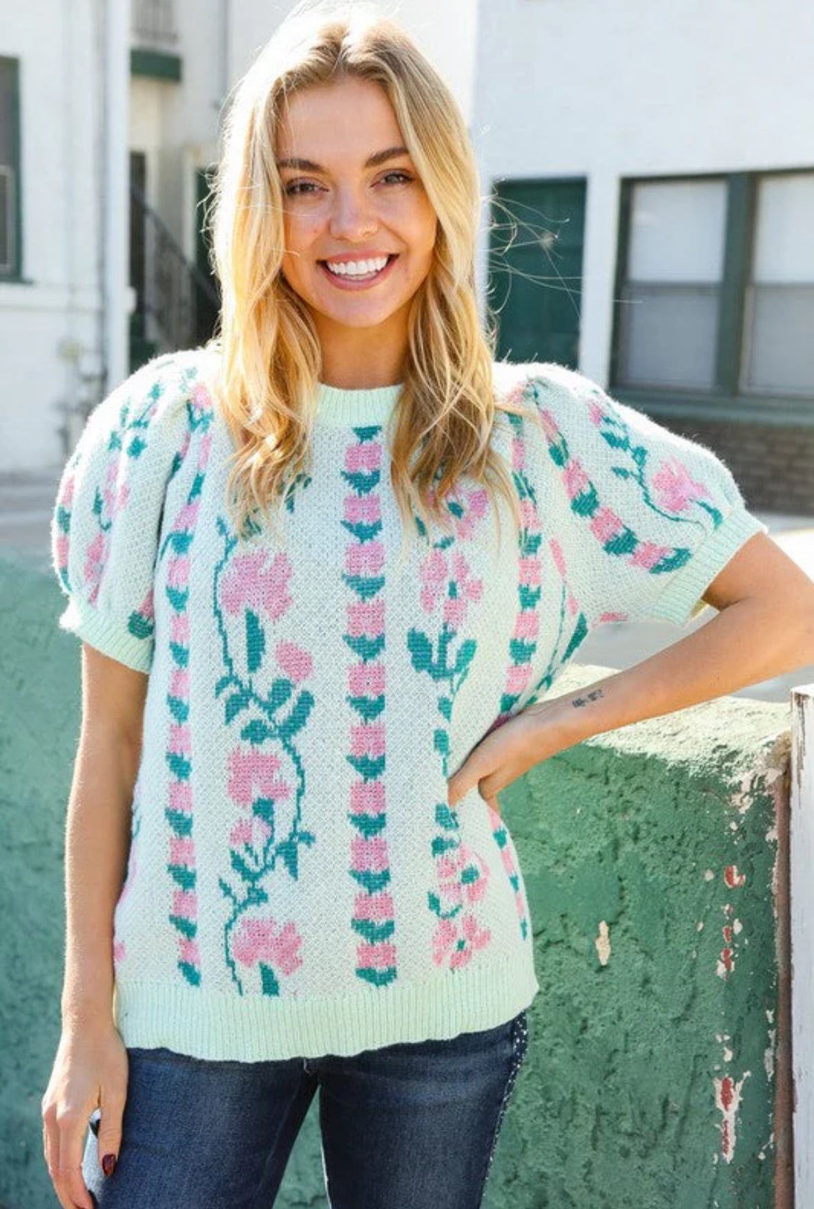 Floral mint green puff sleeve short sleeve sweater Regular & Plus Size