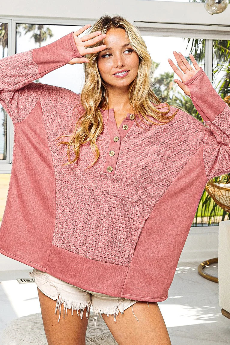 Bibi dusty rose pink kangaroo pocket textured top