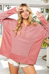 Bibi dusty rose pink kangaroo pocket textured top