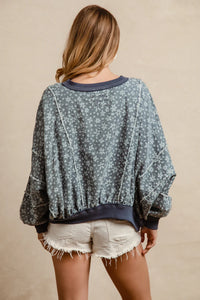 Bibi denim floral frayed detail pull over oversize sweatshirt style top