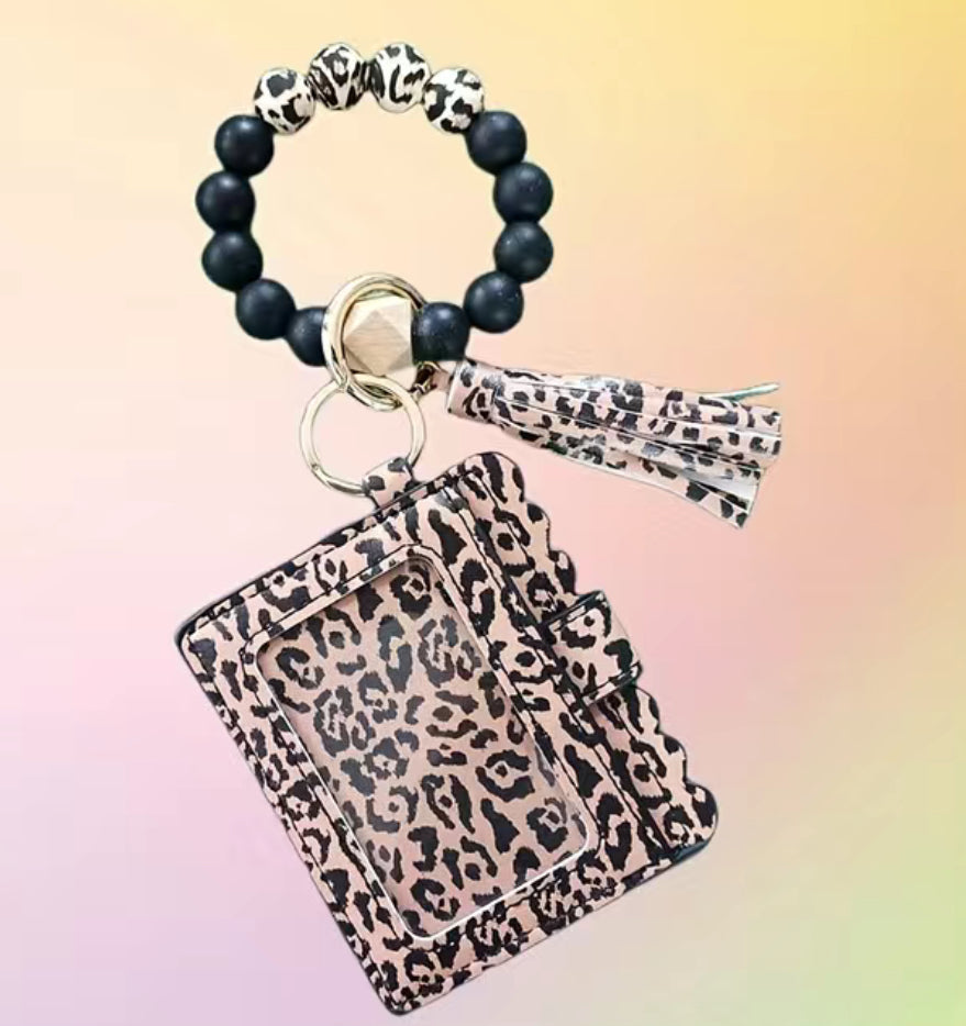 Leopard or cow beaded wristlet wallet keychain