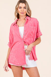 Pink oversized mineral wash frayed hem button up top