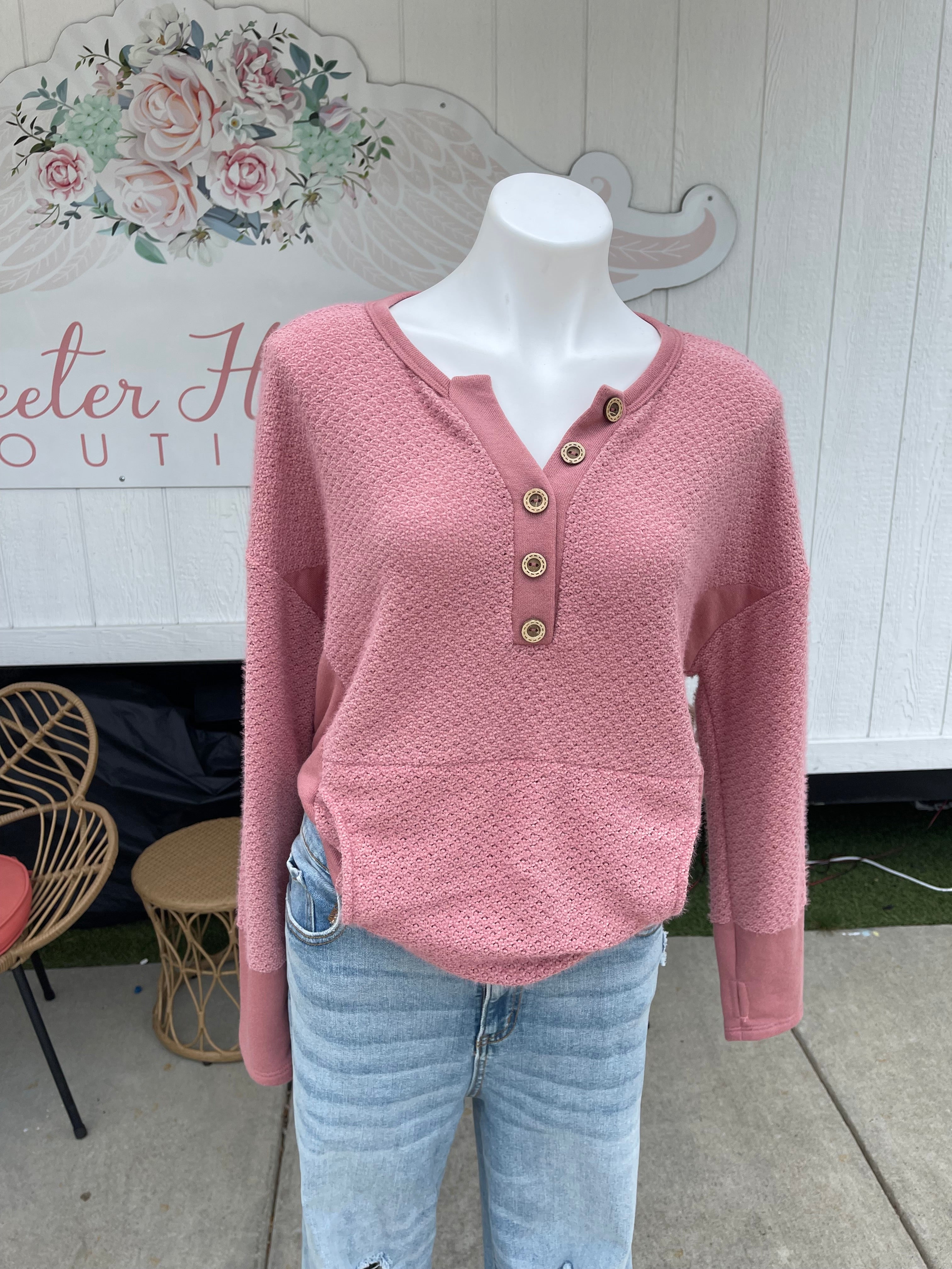 Bibi dusty rose pink kangaroo pocket textured top