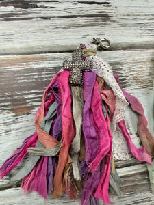 Handmade tassel keychains with jeweled cross
