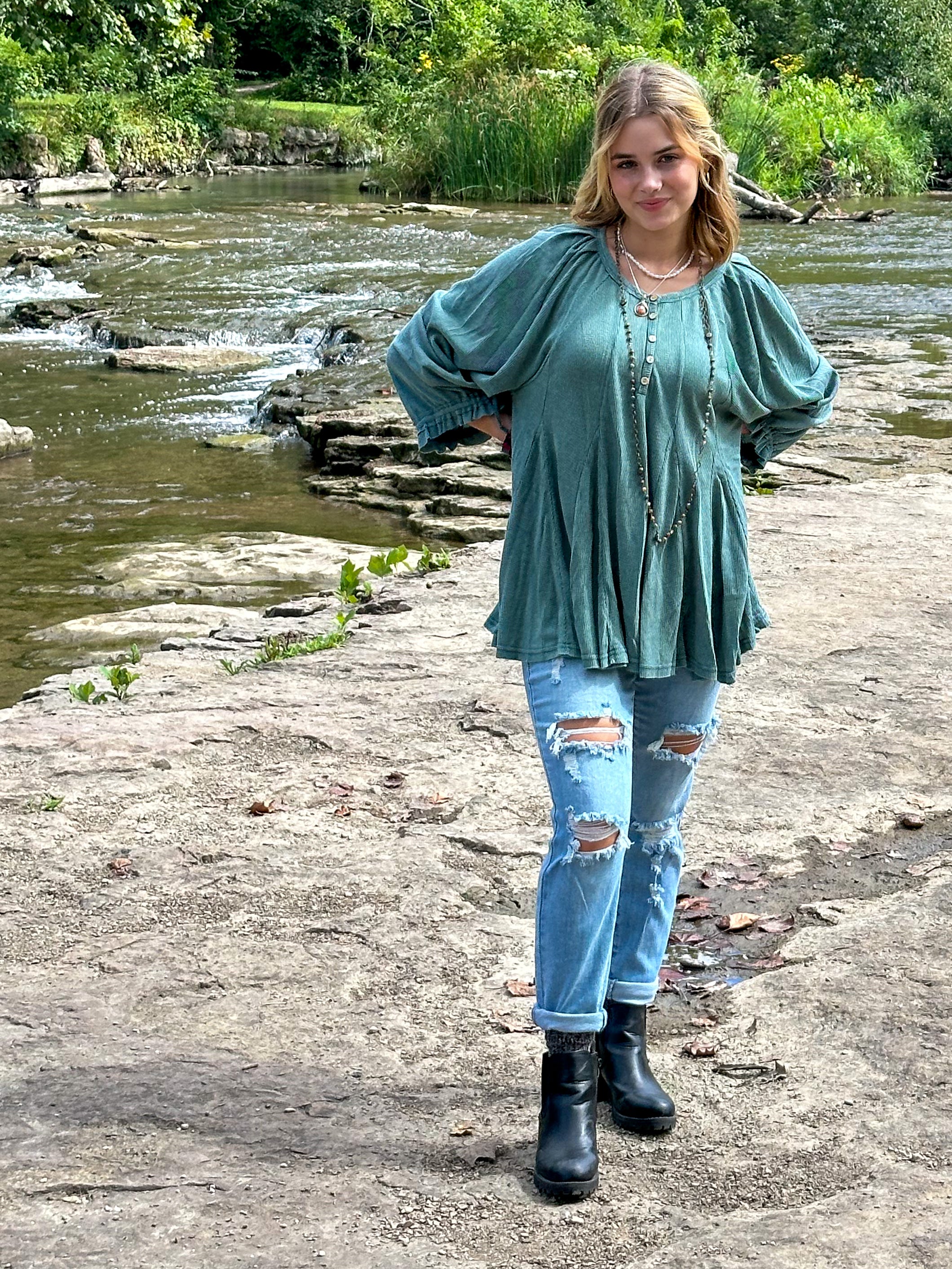 Oversized henley top with cinched sleeve cuffs, brown or green