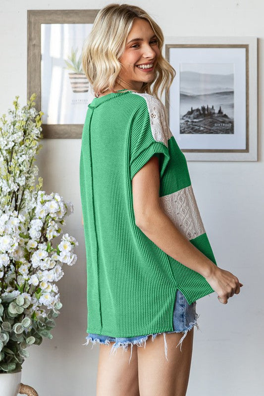 7th Ray Kelly Green Ribbed Lace Top