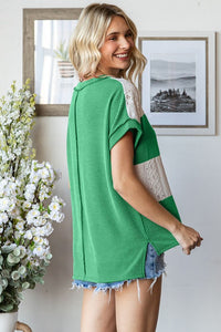 7th Ray Kelly Green Ribbed Lace Top