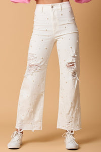 White pearl straight leg jeans