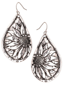 Silver Sunflower burst teardrop earrings