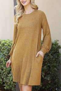 Fall balloon sleeve heatherd pocket dress