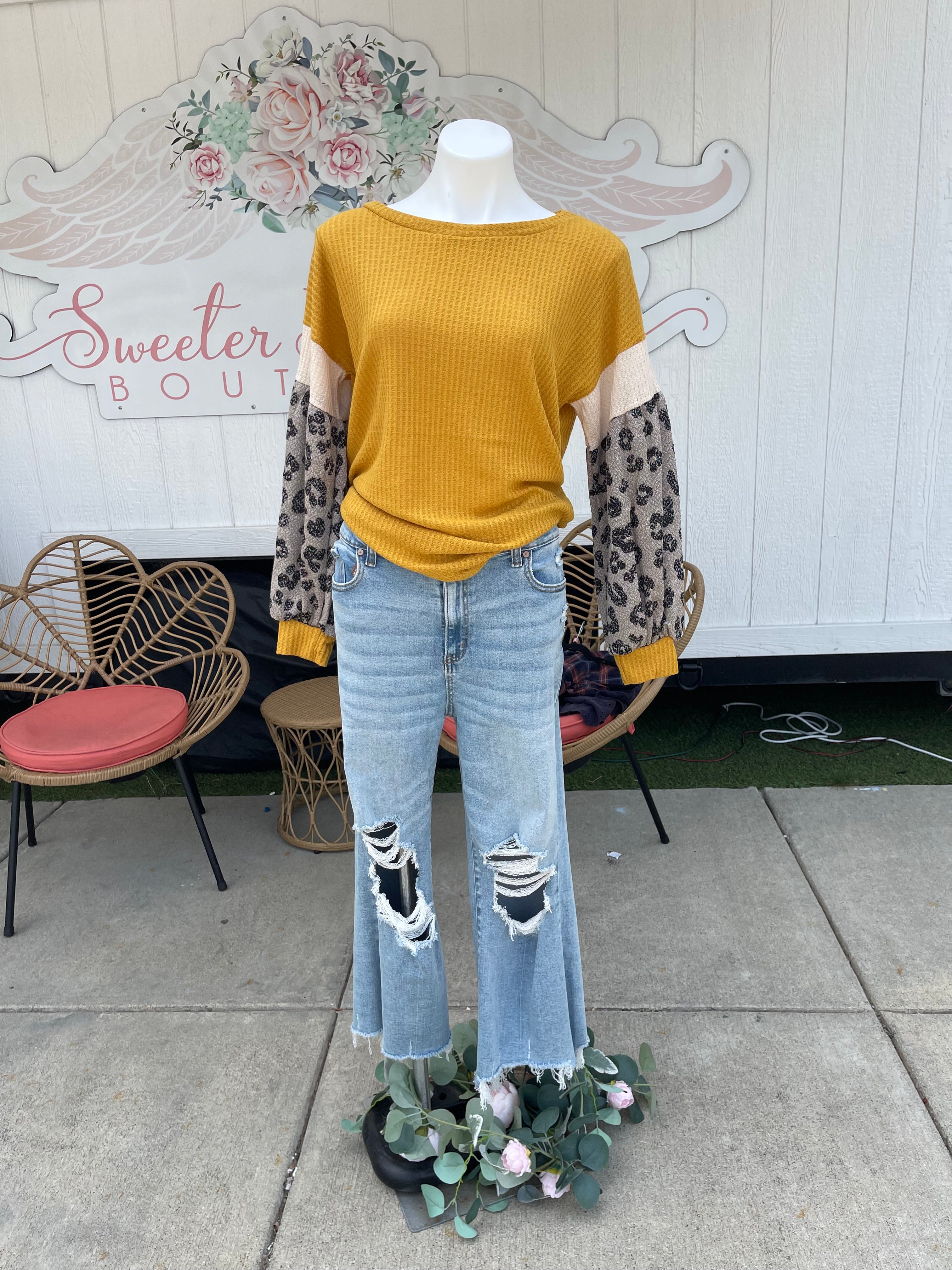 Bibi mustard waffle knit top with leopard puff sleeves