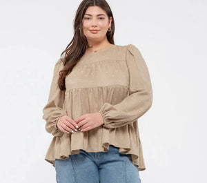 Regular & Plus Size Light olive babydoll tiered top