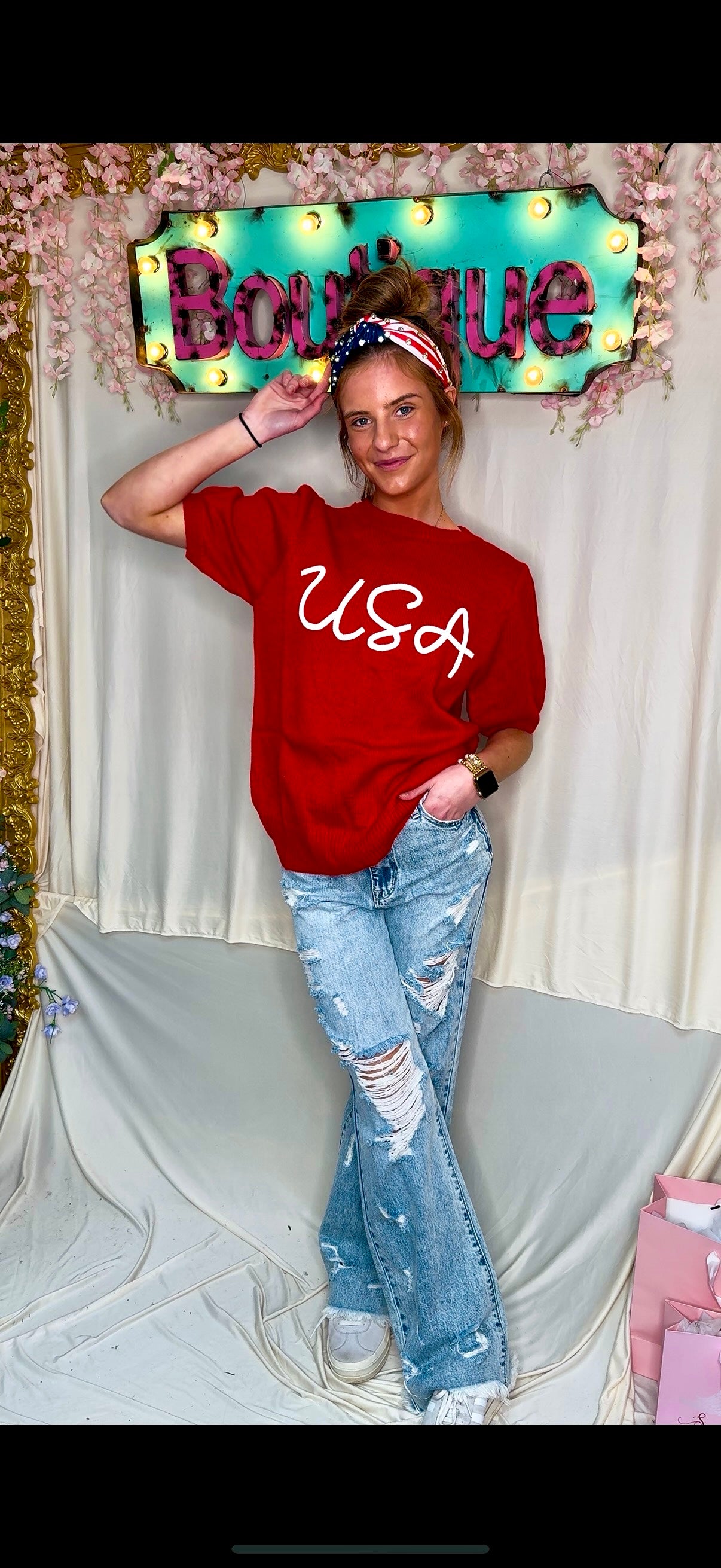 Red USA short puff sleeve sweater Plus Size & Regular