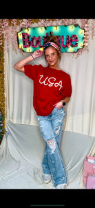 Red USA short puff sleeve sweater Plus Size & Regular