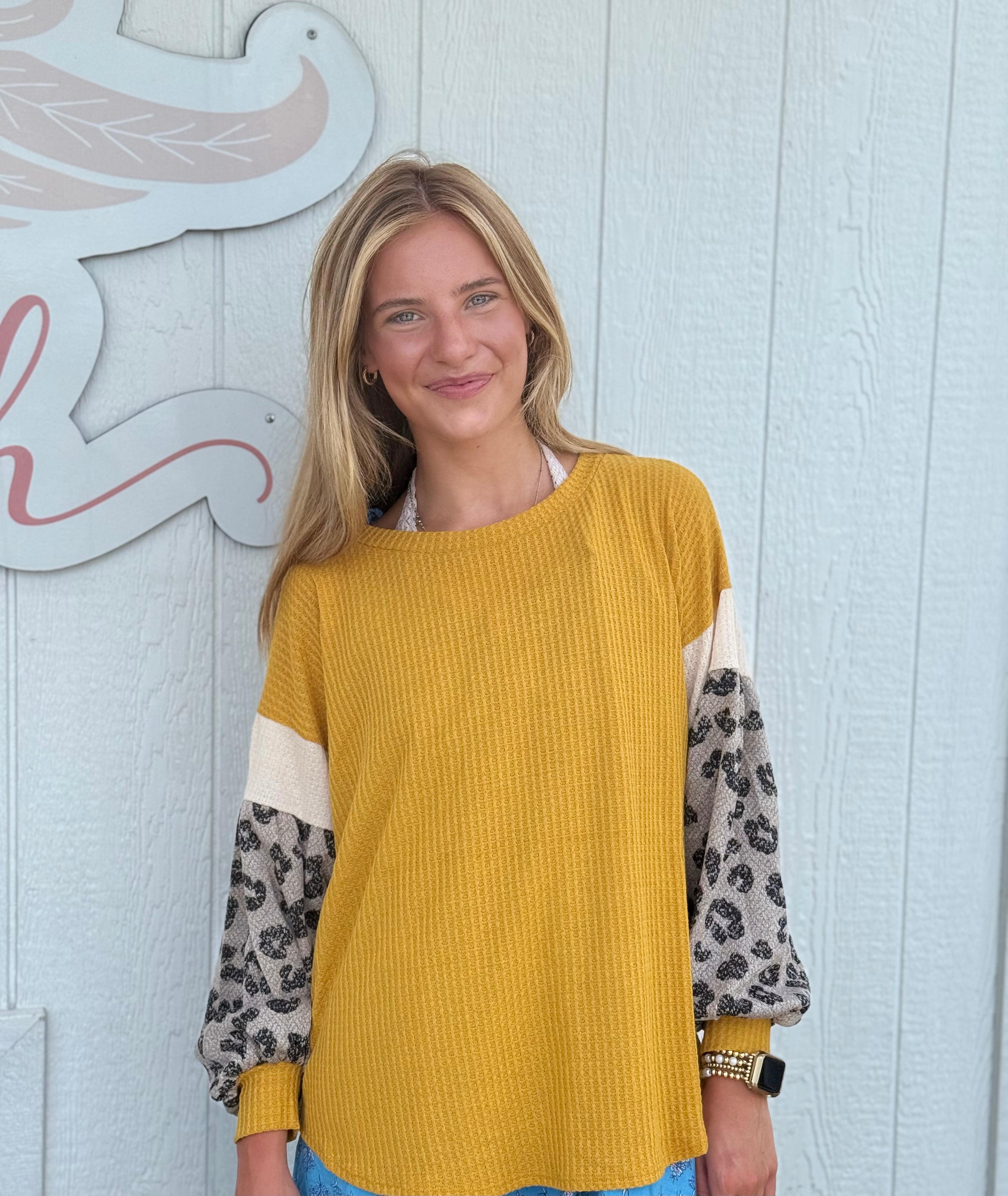 Bibi mustard waffle knit top with leopard puff sleeves