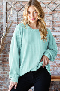 CLEARANCE! Ribbed round neck balloon sleeve casual long sleeve top Regular & Plus Size