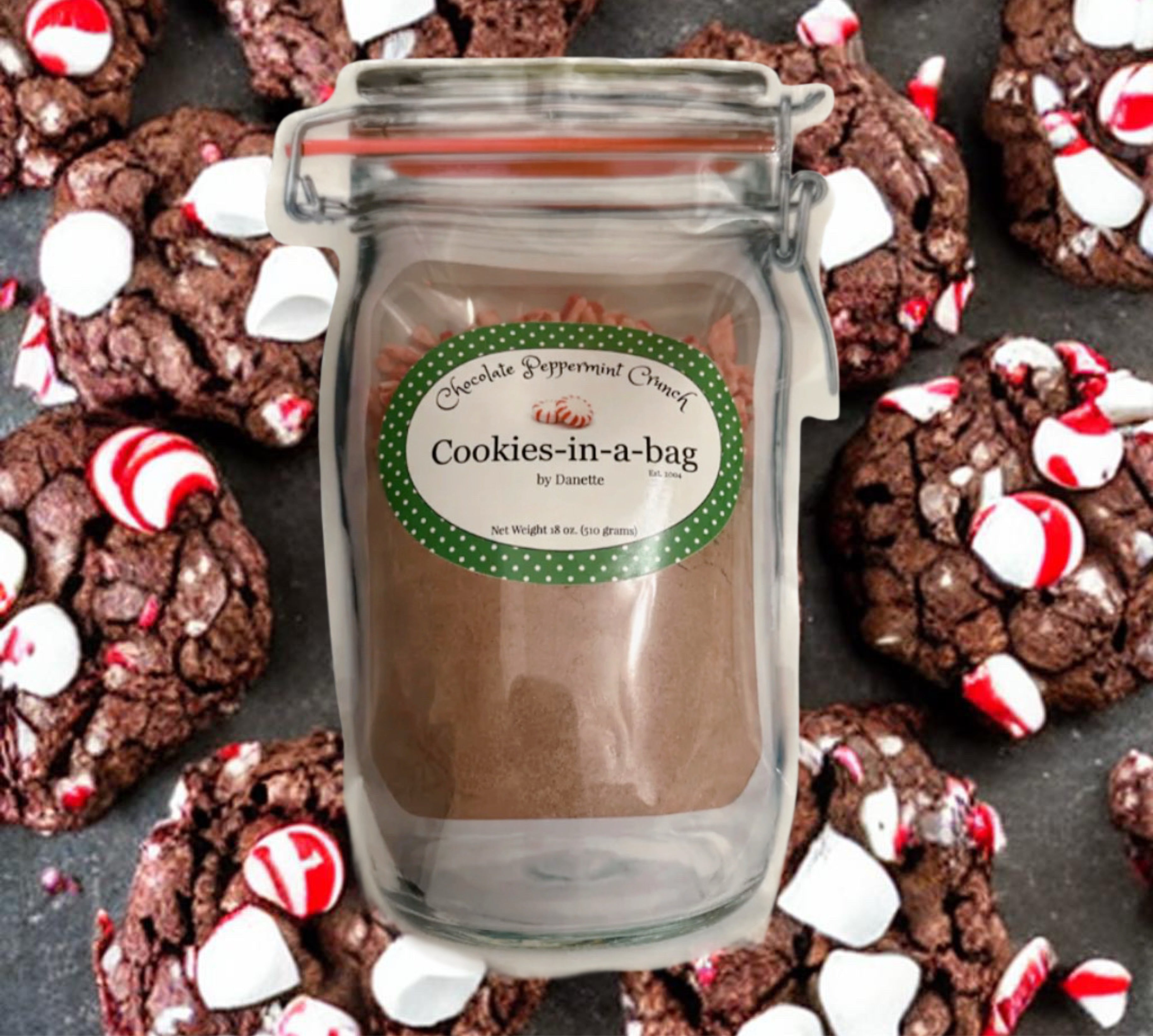 Chocolate Peppermint Crunch Cookies in a bag