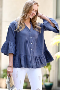 Navy lace trim bell sleeve babydoll top