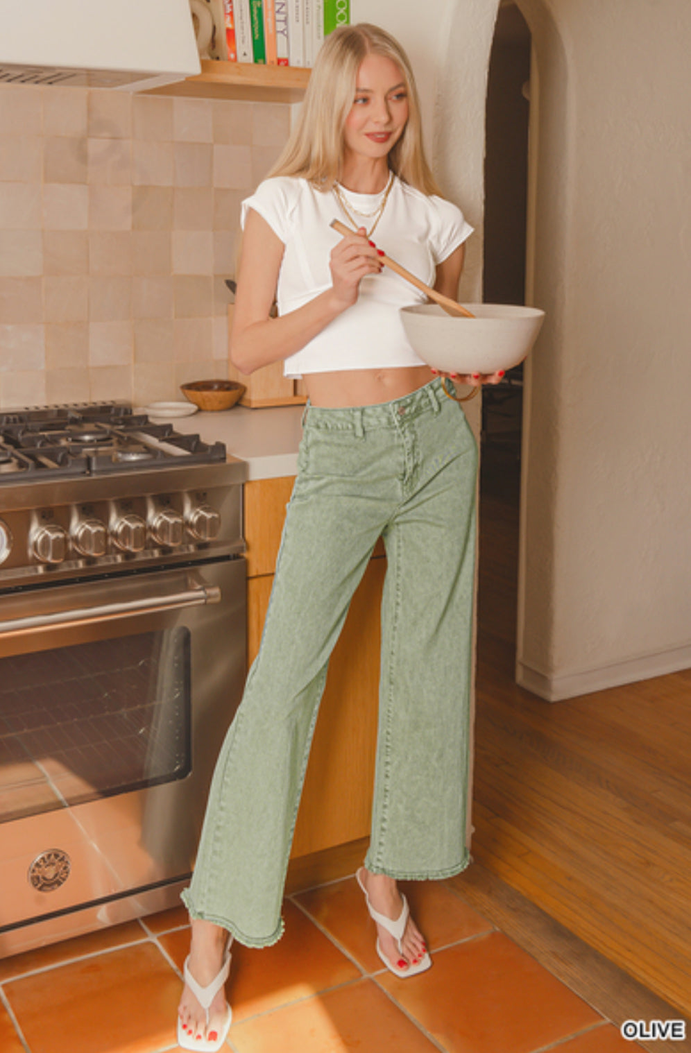 ZENANA OLIVE ACID WASHED FRAYED HEM STRAIGHT WIDE PANTS
