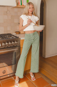 ZENANA OLIVE ACID WASHED FRAYED HEM STRAIGHT WIDE PANTS