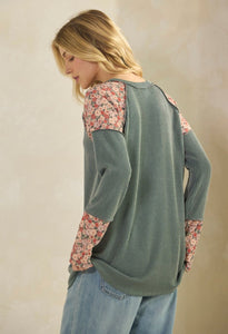 Sage ribbed v-neck floral detail top Reg & Plus Size
