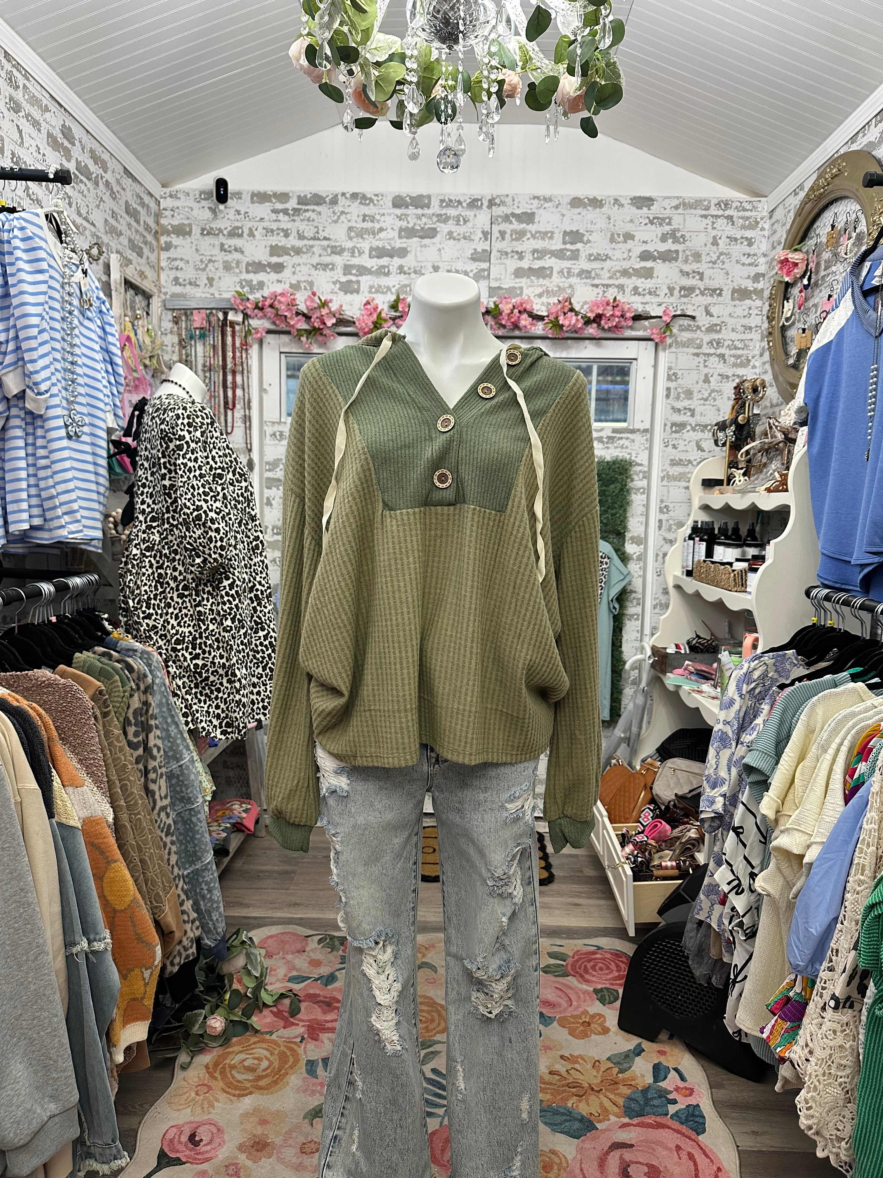 Bibi olive waffle knit hoodie