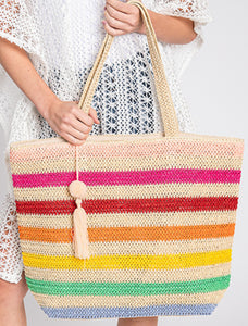 Multi color striped straw beach bag with tassel