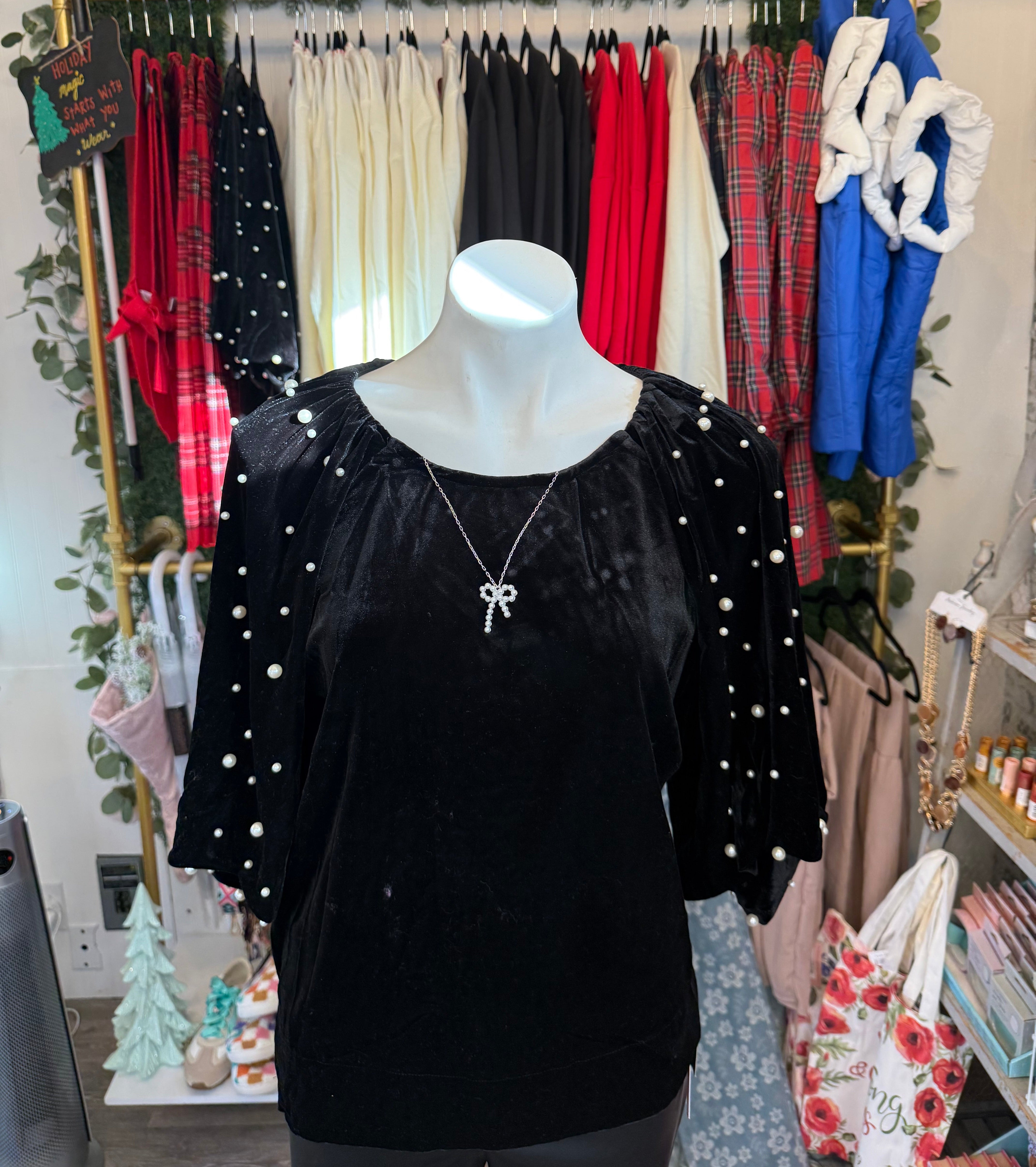 Umgee black velvet pearl dressy top