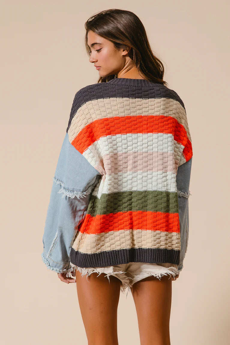 Bibi multi striped denim sleeve fall sweater