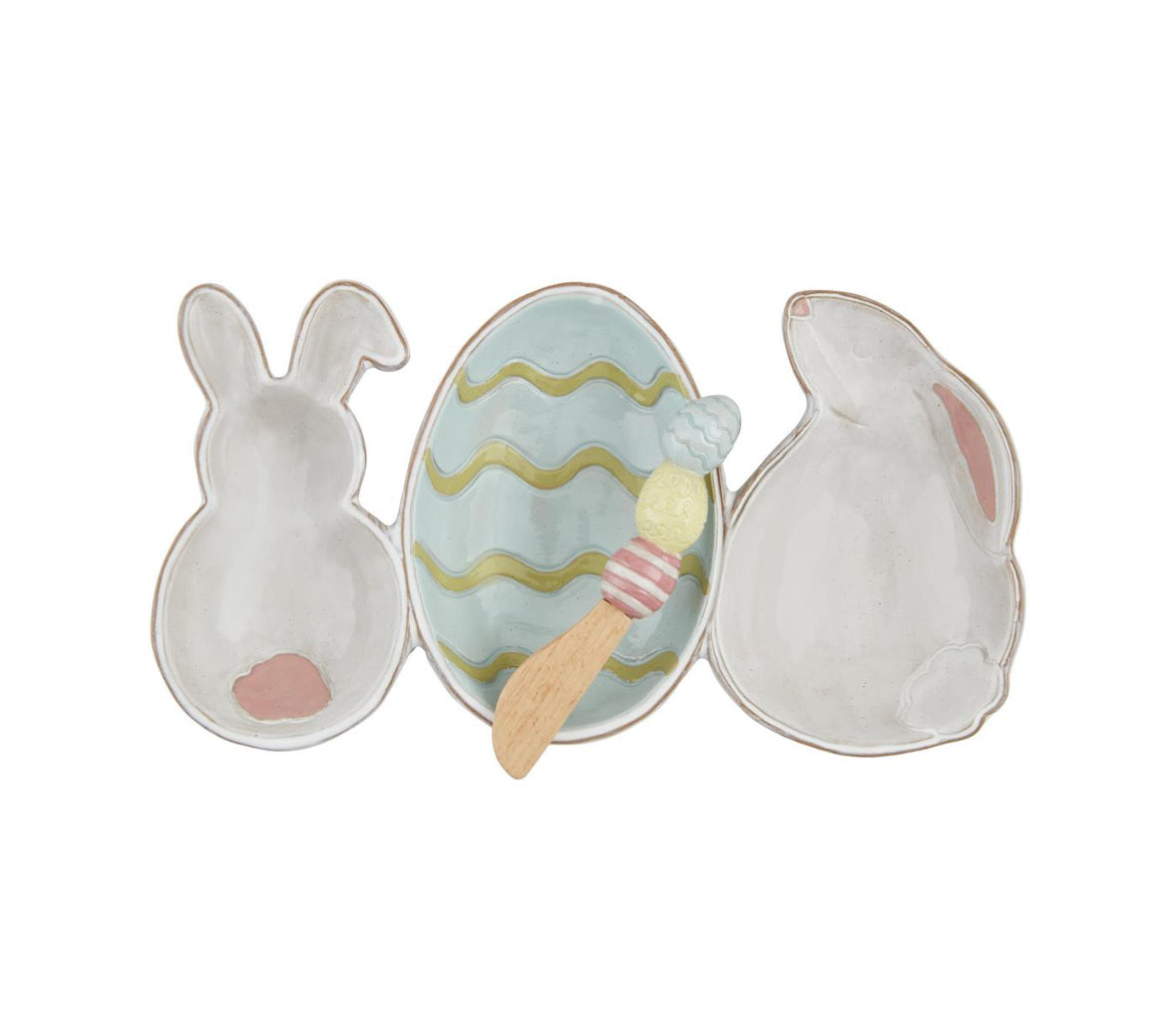 Mudpie Easter bunny & egg triple serving dish w/ wood spreader