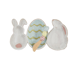 Mudpie Easter bunny & egg triple serving dish w/ wood spreader