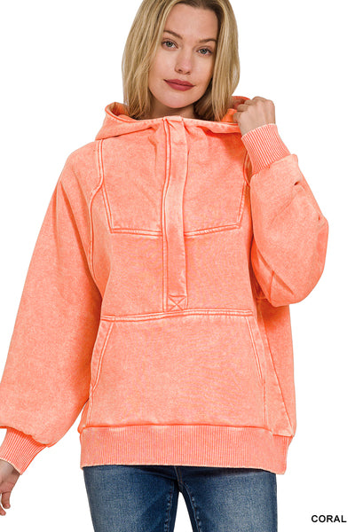 Coral acid wash oversized 1/4 zip hoodie