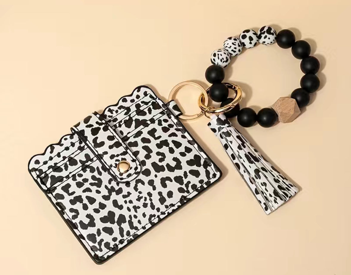 Leopard or cow beaded wristlet wallet keychain