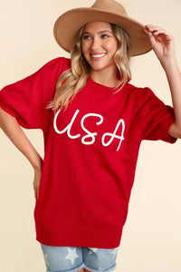 Red USA short puff sleeve sweater Plus Size & Regular