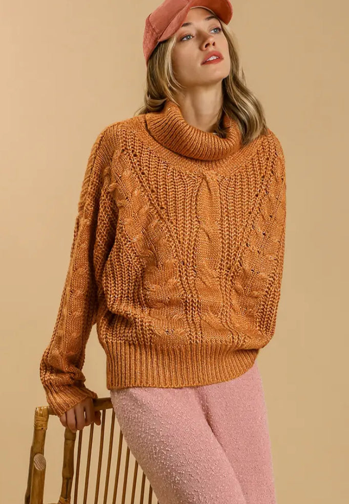Umgee carmel rust cable knit turtleneck sweater