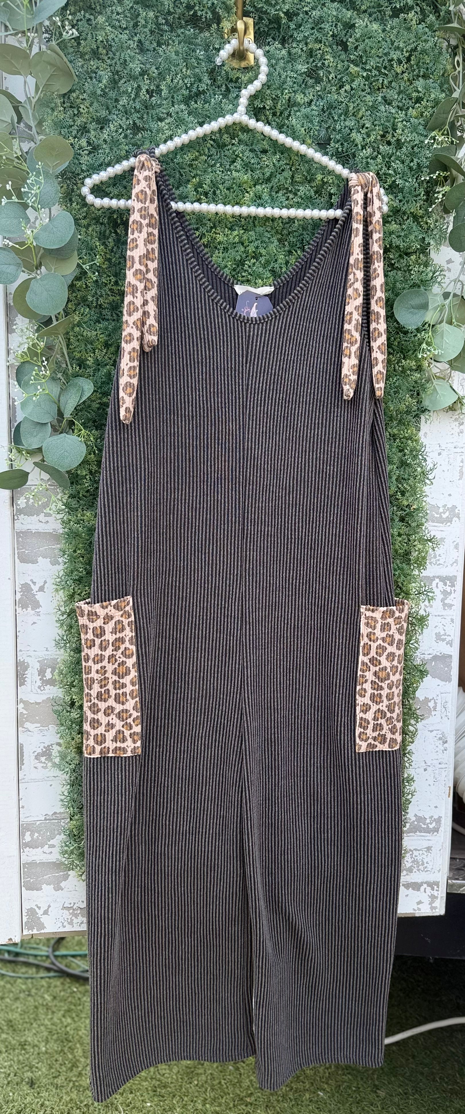 Charcoal leopard detail ribbed jumpsuit