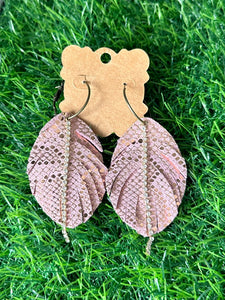Handmade pink and gold snakeskin leather earrings w/ rhinestone chain