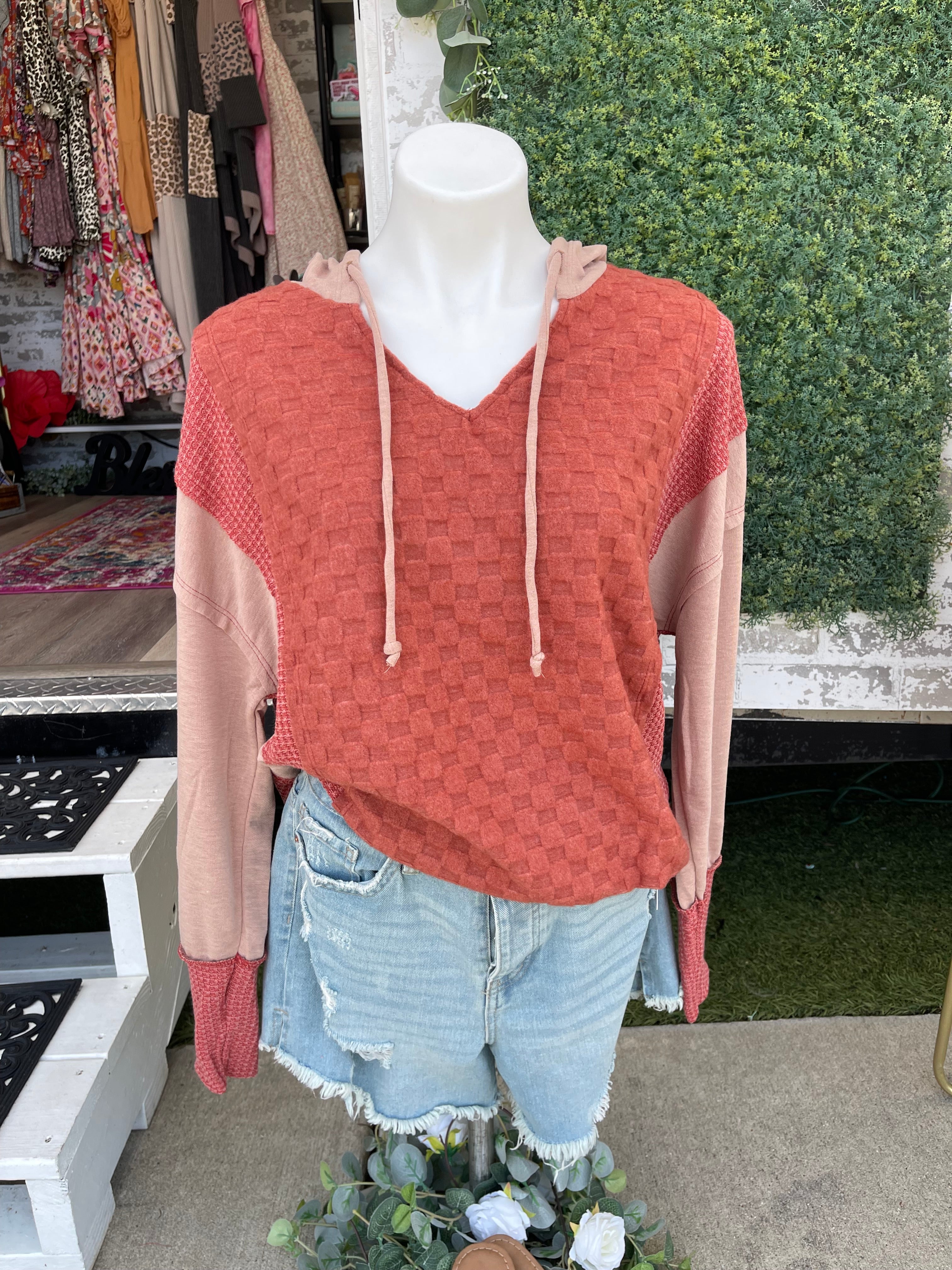 Bibi rust waffle knit checkered hoodie