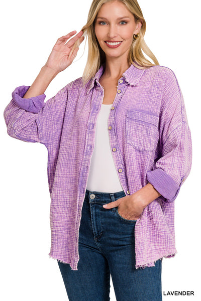 Lavender distressed washed gauze button down shirt