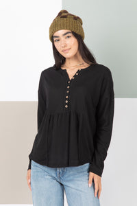 Black babydoll style waffle knit top