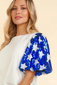 Royal blue stars sequin puff sleeve top