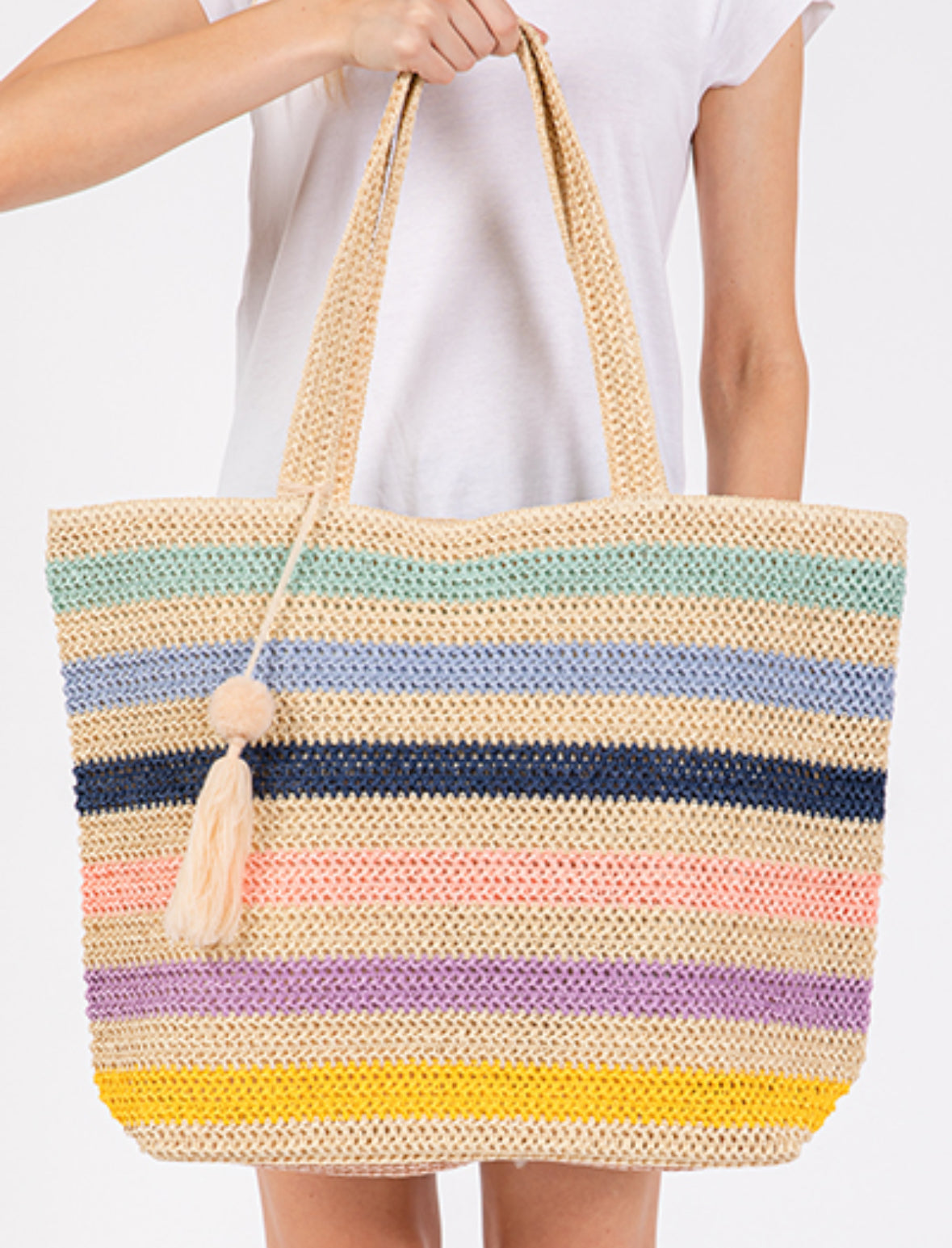 Multi color striped straw beach bag with tassel