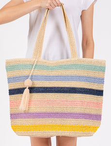 Multi color striped straw beach bag with tassel