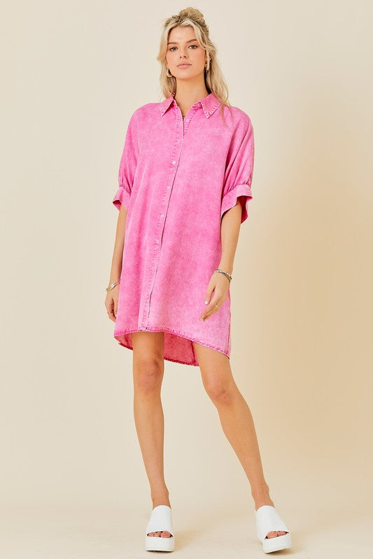 Pink button down spring acid washed dress by day + moon